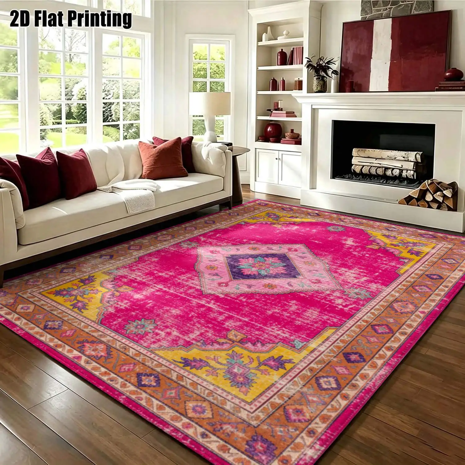 1Pc 2D Printed Retro Bohemian Rose Red Carpet: Versatile for Multi-Scenes, Machine Washable, Various Sizes