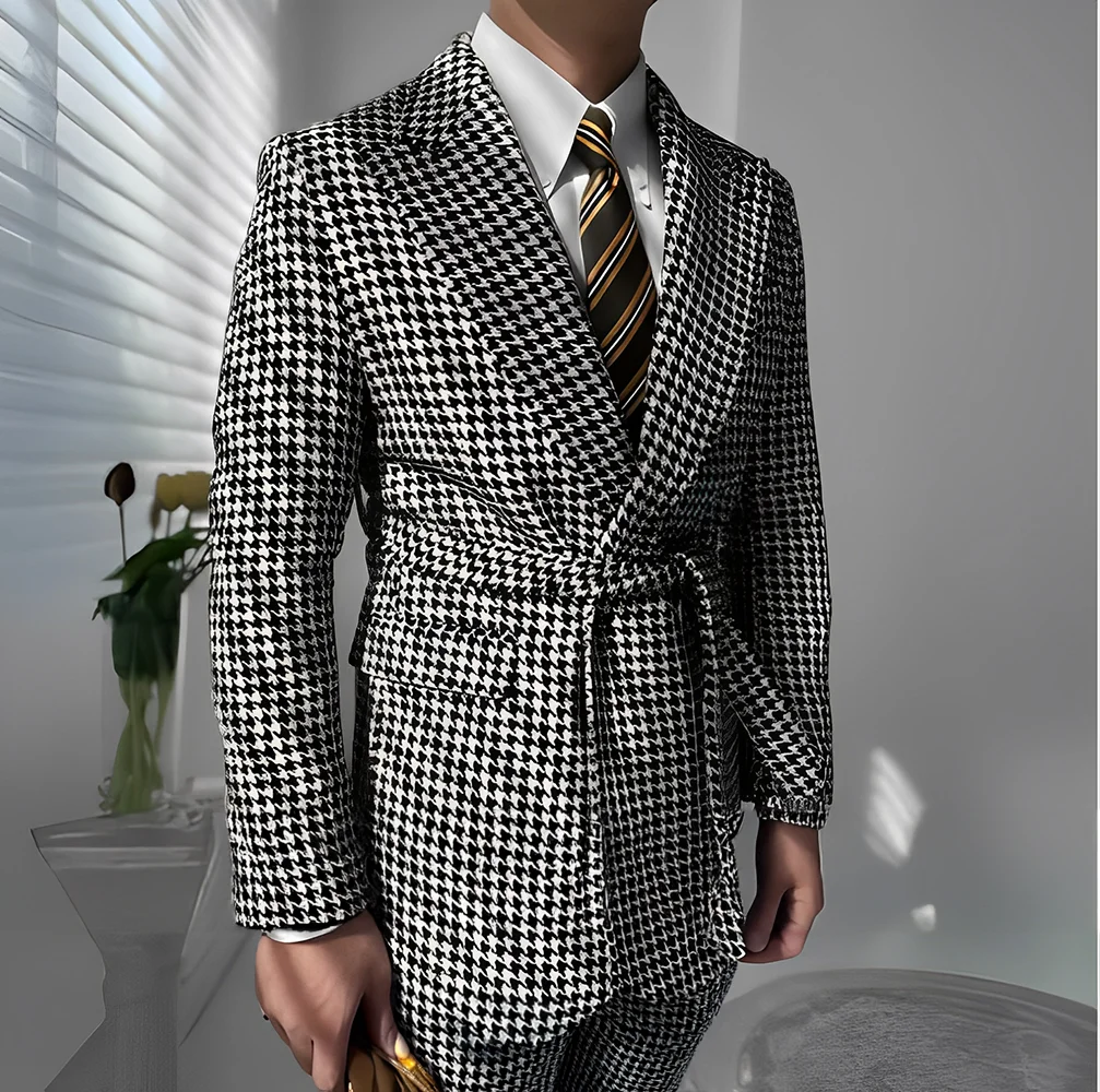 

Houndstooth Men's Suit 2 Piece Suit Party Wedding Tuxedo Groom Blaze Pants Formal Office Workwear Male