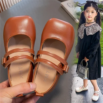 Girls\' Square Toe Non-slip Soft-soled Leather Shoes Brown/beige, Girls 2024 Spring and Autumn New PU Casual Shoes Size 23-33