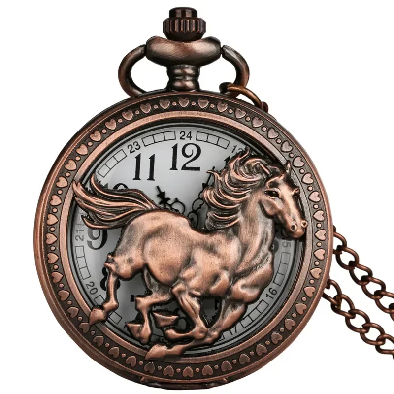 Vintage Hollow Animal Horse Design Men Women Quartz Analog Pocket Watch Rose Gold Necklace Pendant Chain Collectable Timepiece