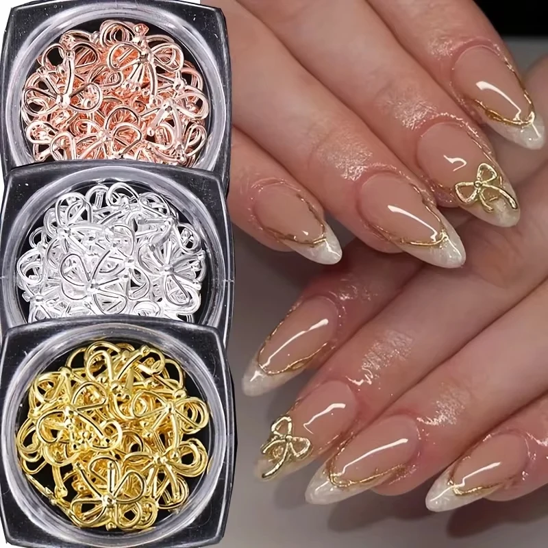 3 Laços Metálicos de Salgueiro para Decoração de Unhas, Dourado e Prateado, Design de Laço 3D, Charme DIY, Joias Metálicas Elegantes, Acessórios de Manicure