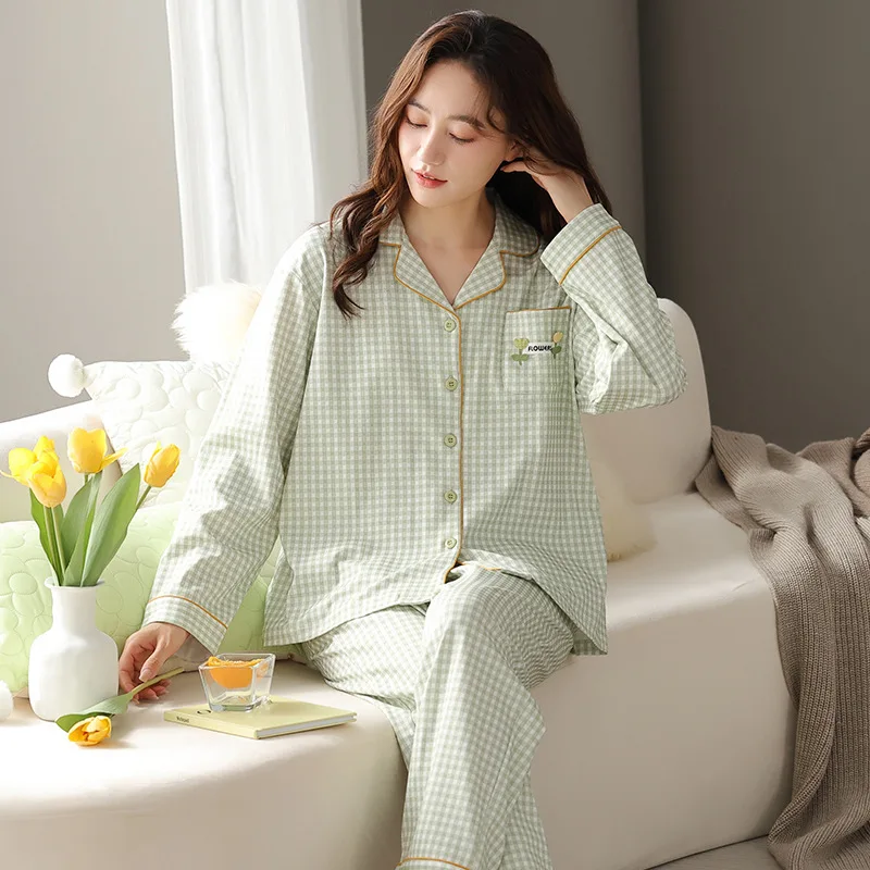 

Pure Cotton High-grade Pajamas Ladies New Autumn And Winter Long Sleeve Set Checkered Cardigan High-quality Cotton Pyjamas Sets