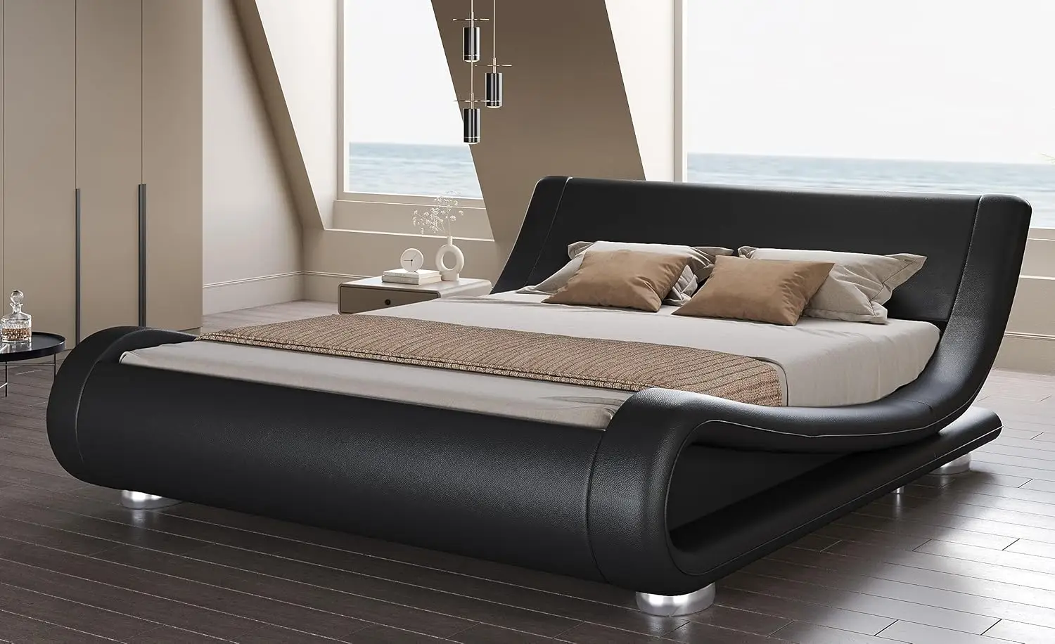 

Bed Frame, Deluxe Low Profile Sleigh Bed with Faux Leather Ergonomics Headboard,There are many styles for you to choose from