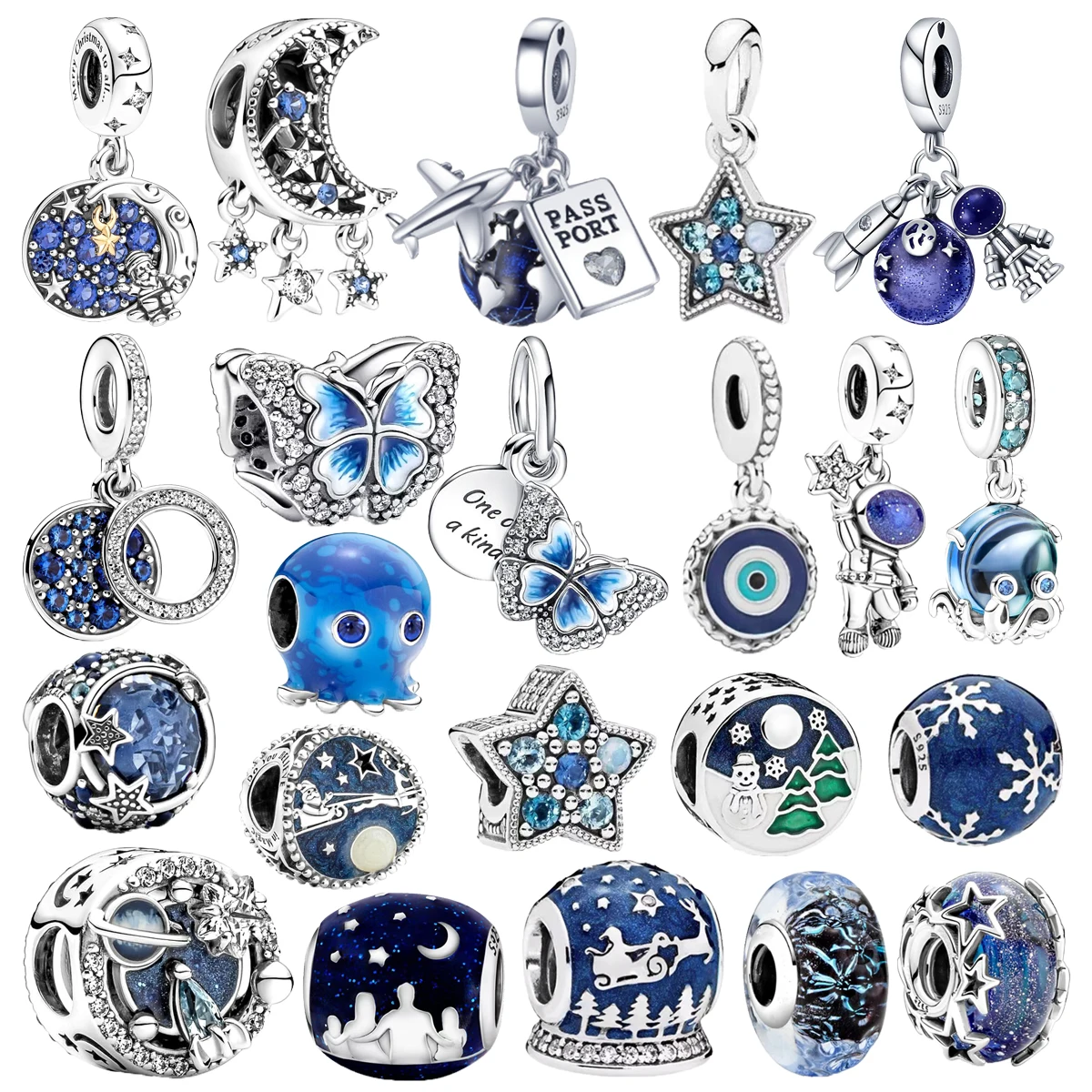 

Hot Sale Blue Series Dangle Charm Moon Galaxy Beads Gift for Women Fit Original 925 Sterling Silver Bracelet DIY Jewelry