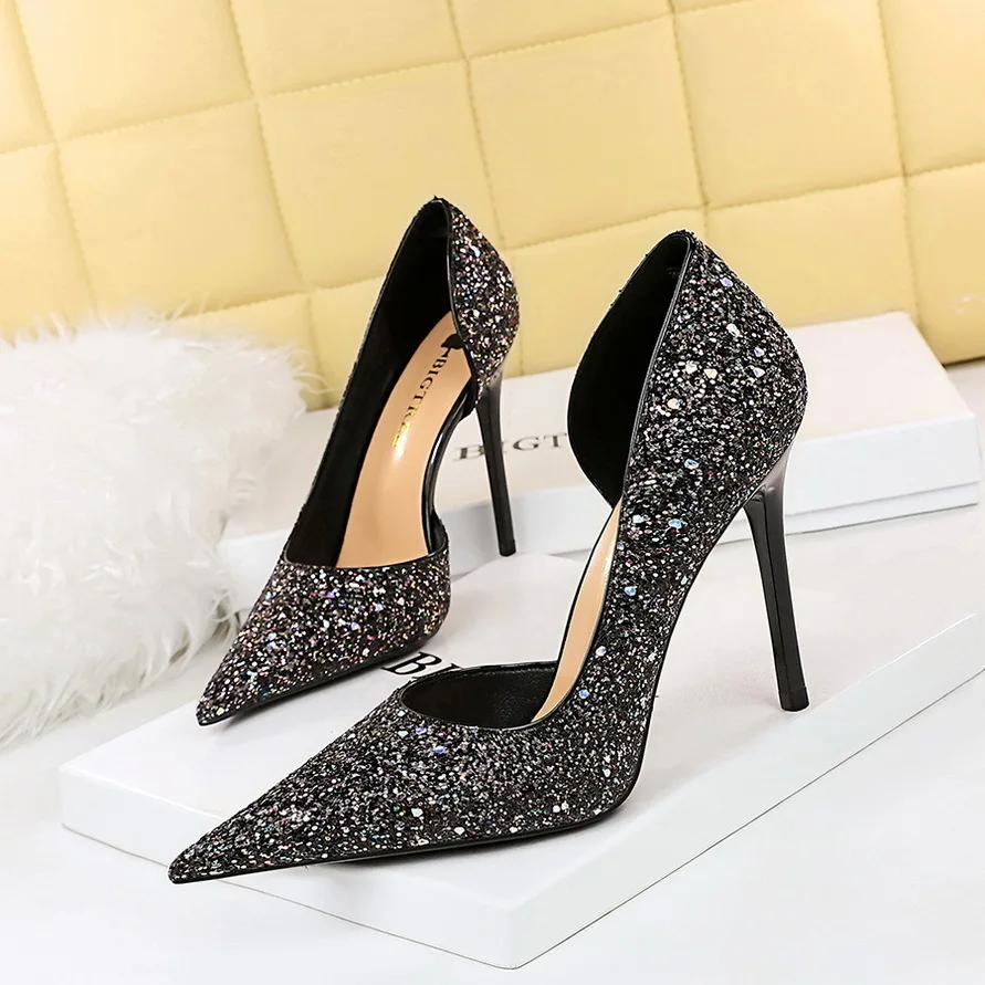 Ladies Women Pumps Shoes Sexy Banquet Slim Super High Heels Shallow Notched Pointed Side Cut Shiny Sequins Single туфли женские