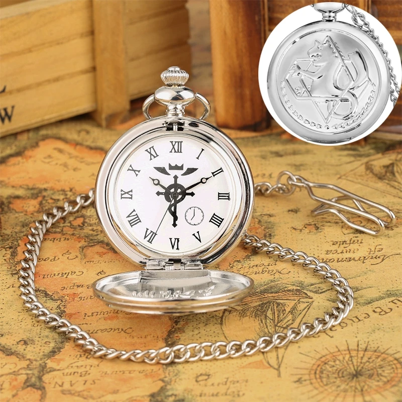 Semplice Fullmetal Alchemist orologio da tasca in argento al quarzo Edward Elric Anime orologio Design ciondolo ventagli Cosplay collana catena regali