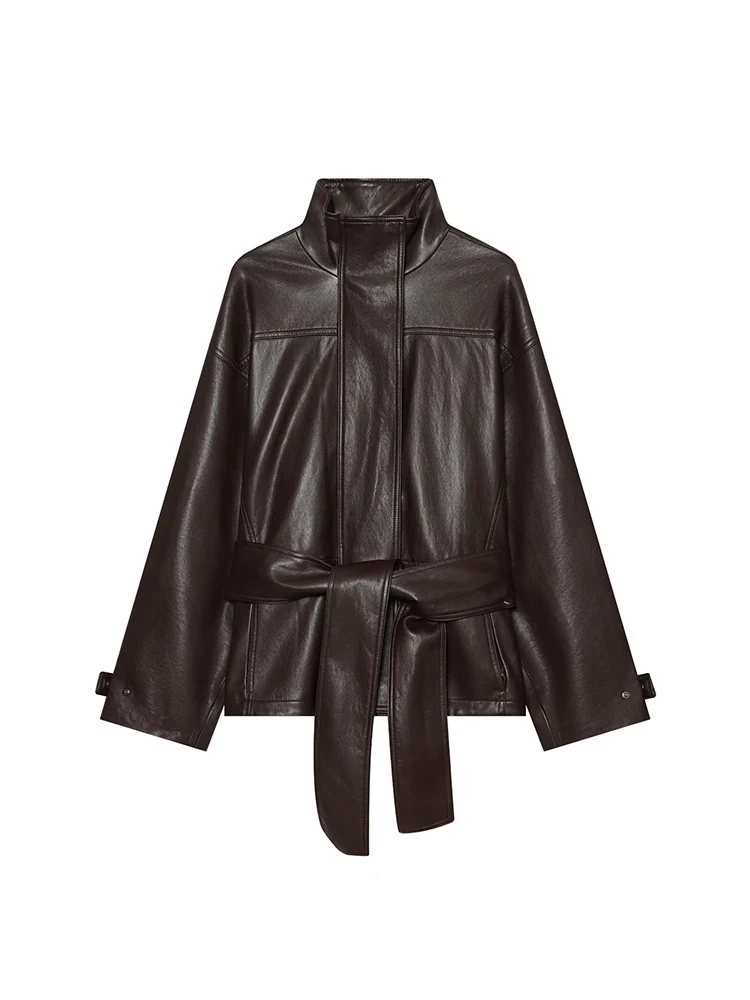 Women Stand Collar Coat With Belted Long Sleeve Faux Leather Outerwear New 2026 Fashion High Street Casual Female Outfit