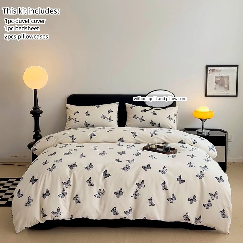 3pcs 100% Cotton Duvet Cover Set (1*Duvet Cover + 2*Pillowcase, Without Core), black butterfly Bedding Set, Soft Comfortable