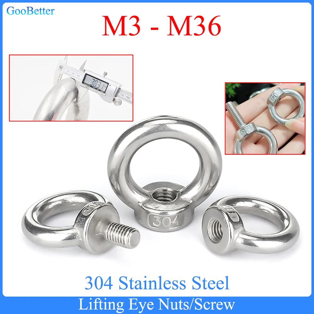 

304 Stainless Steel Lifting Eye Nuts/Screw M3 M4 M5 M6 M8 M10 M12 M14 M16-M36 Heavy Marine Ring Eyebolt Ring Hooking Nut Screws