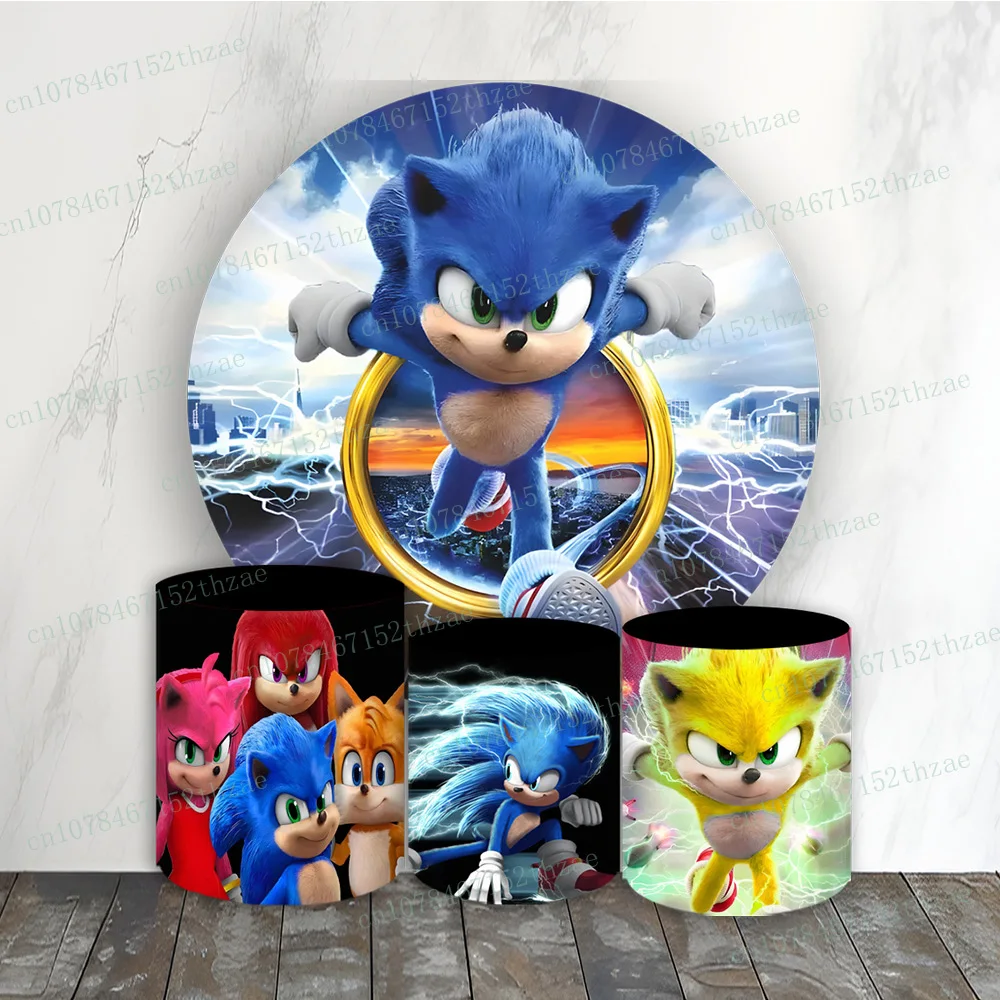 

Sonic Birthday Party Photo Backdrop Blue Hero Baby Shower Photography Backdrop Round&Cylinders Plinth Covers Photo Background