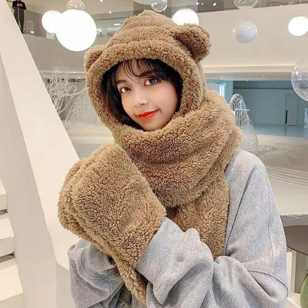 Solid Color Hat Fashionable Women's Winter Plush Hat Set Cute Bear Ear Shape 3-in-1 Scarf Gloves Neck Warmer Solid Color Warm