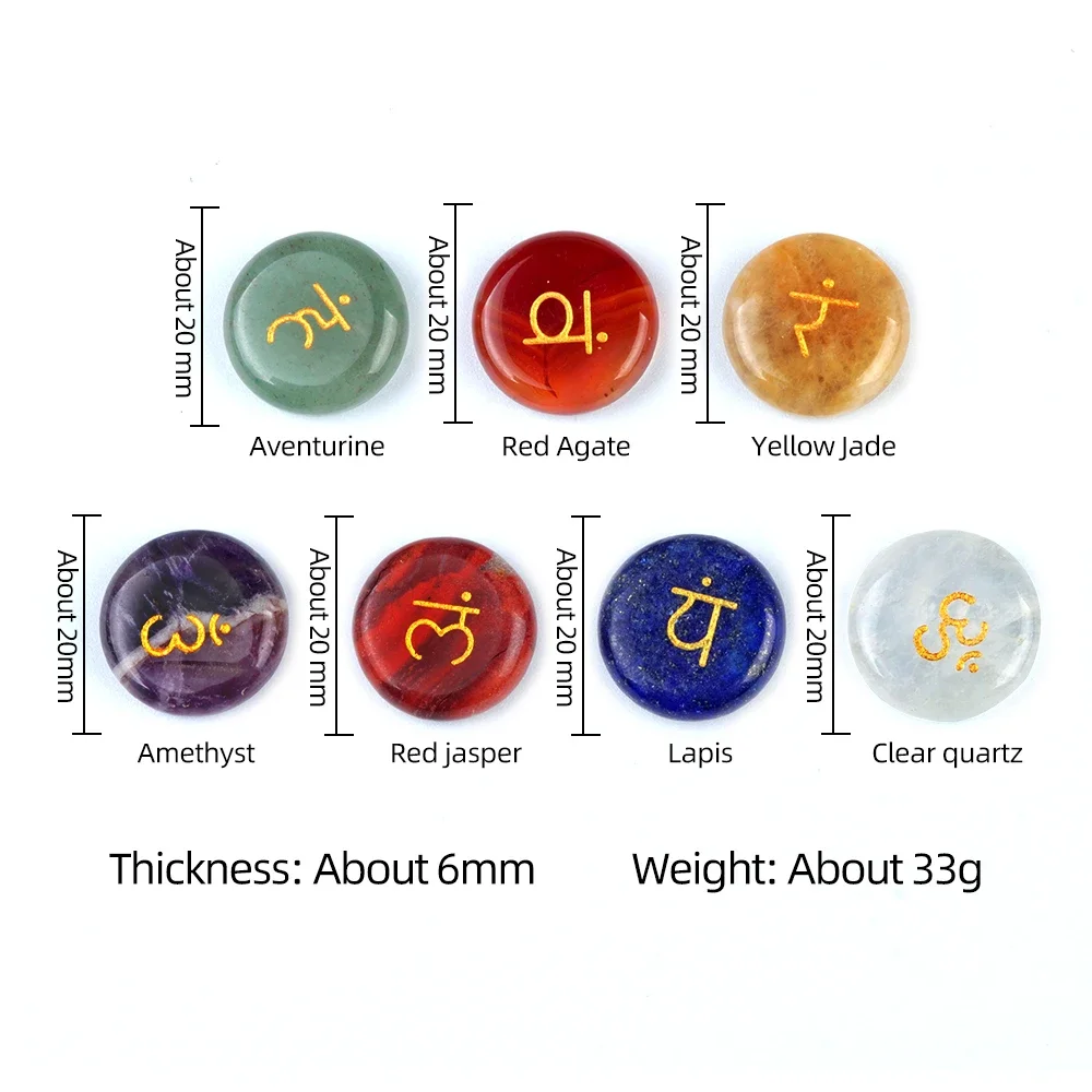 7pcs/set Flat Round Shape 20mm 7 Chakras Gemstone Decoration Beads Polish Ornaments Accessory Home Decoration Yoga Energy Stone