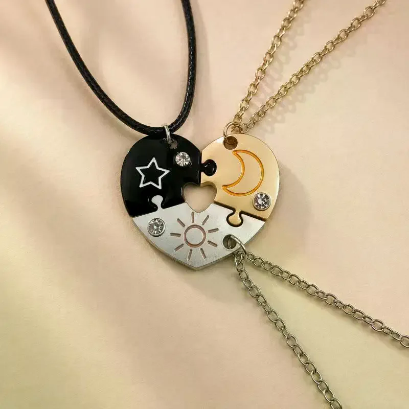 3 Piece Sun Moon Star Heart Puzzle Matching Necklace Set With Sparkly Rhinestones For Best Friend Gifts Daily Wear Birthday