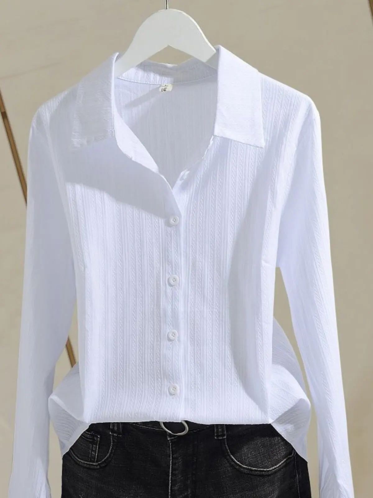 

Pure Cotton Long Sleeve Women's Shirt Spring Summer Korean Style Simple Mirror Matching Slim Fit Base Layer Cotton Top