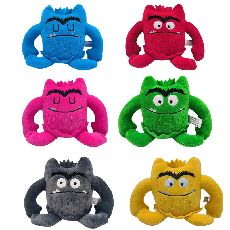 High-quality set of 6 plush toys of emotional little monsters. Colorful cartoon monster soft dolls. Children's festival gifts.