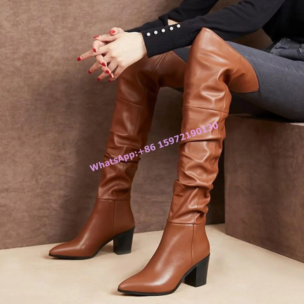 

Pleated Patchwork Solid Boots Pointy Toe Square Heels Slip On Slouch Over The Knee Boots Hotties Sexy Fashion Large Size Shoes