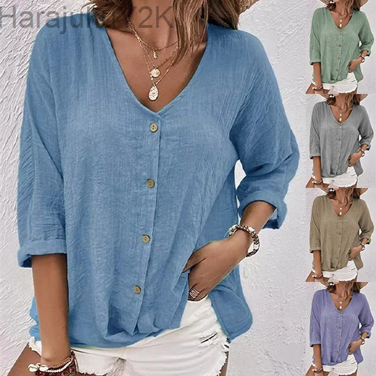 

Women Vintage Simple Casual Streetwear Button Shirts Spring Autumn V Neck Long Sleeve Blouses Solid Loose Tops Y2K Ropa De Mujer