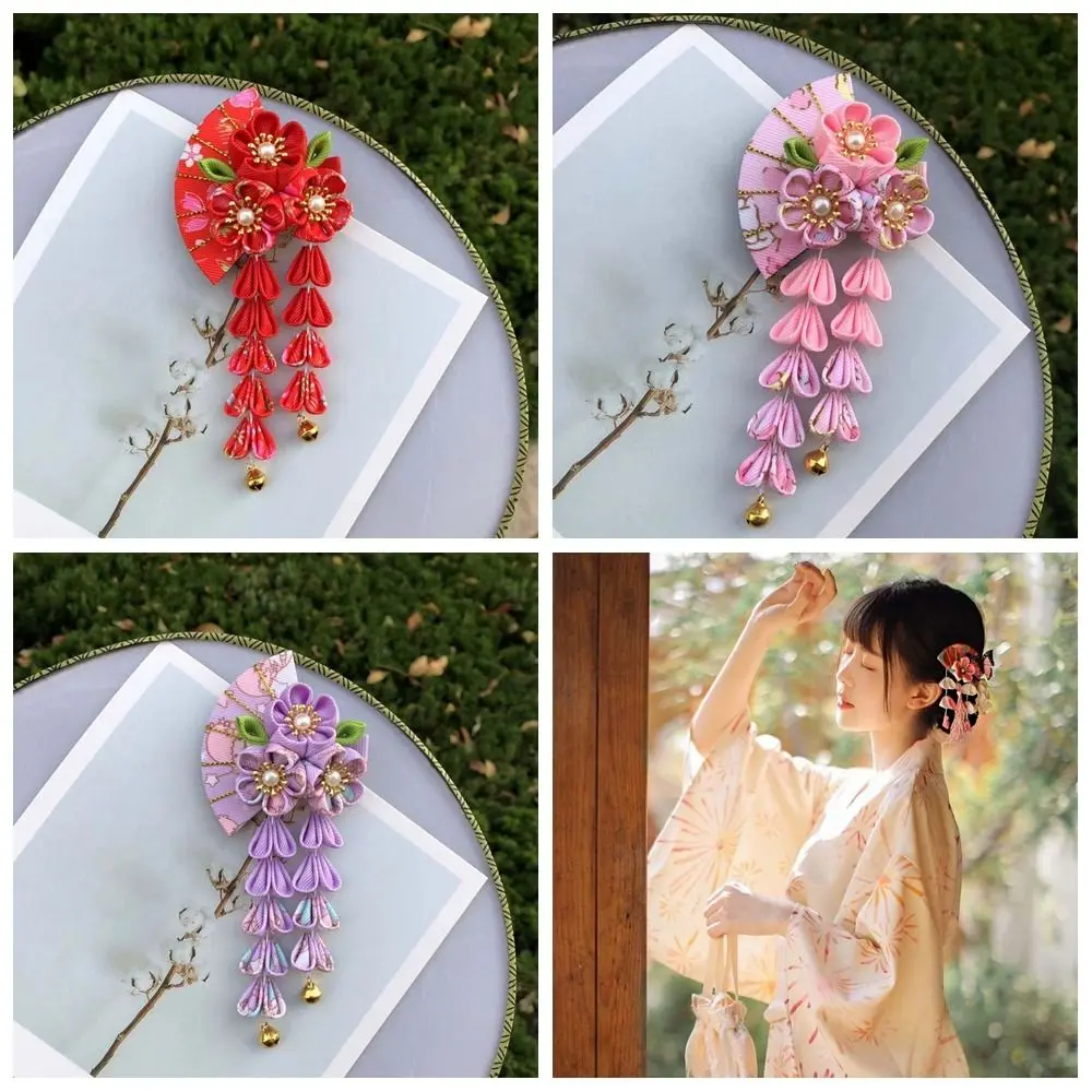 Horquilla con forma de abanico con borlas simples para niñas, tocado de kimono japonés con flor de Sakura, abanico Hanfu, Clip para el pelo, horquilla de estilo antiguo