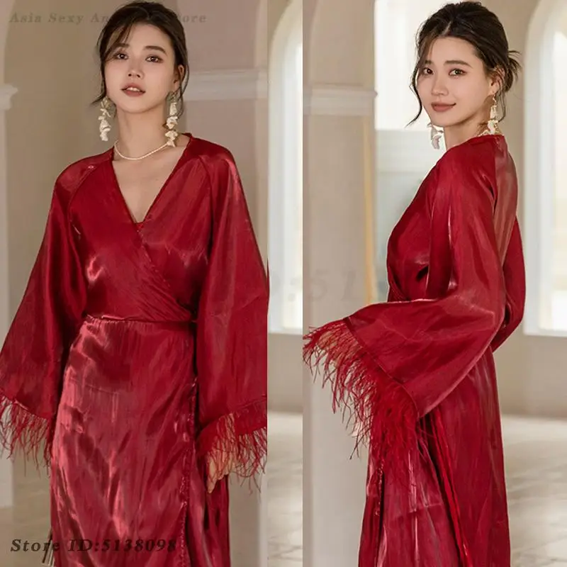 Bridal Wedding Morning Robe Sexy Luxury Feather Sleepwear Bathrobe Kimono 2025 Spring Summer Bridesmaid Nightgown Home Dressing