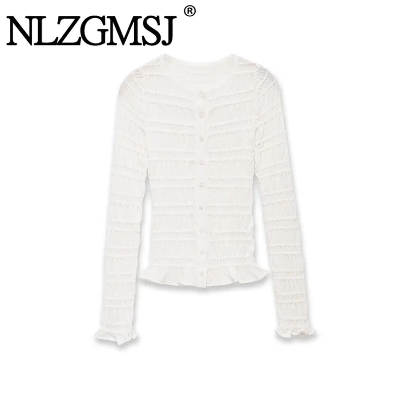 Nlzgmsj 2026 Frühling Damen Transparente Weiße Gerüschte Strickjacke Durchsichtiger Langarm-Pullover Y2K