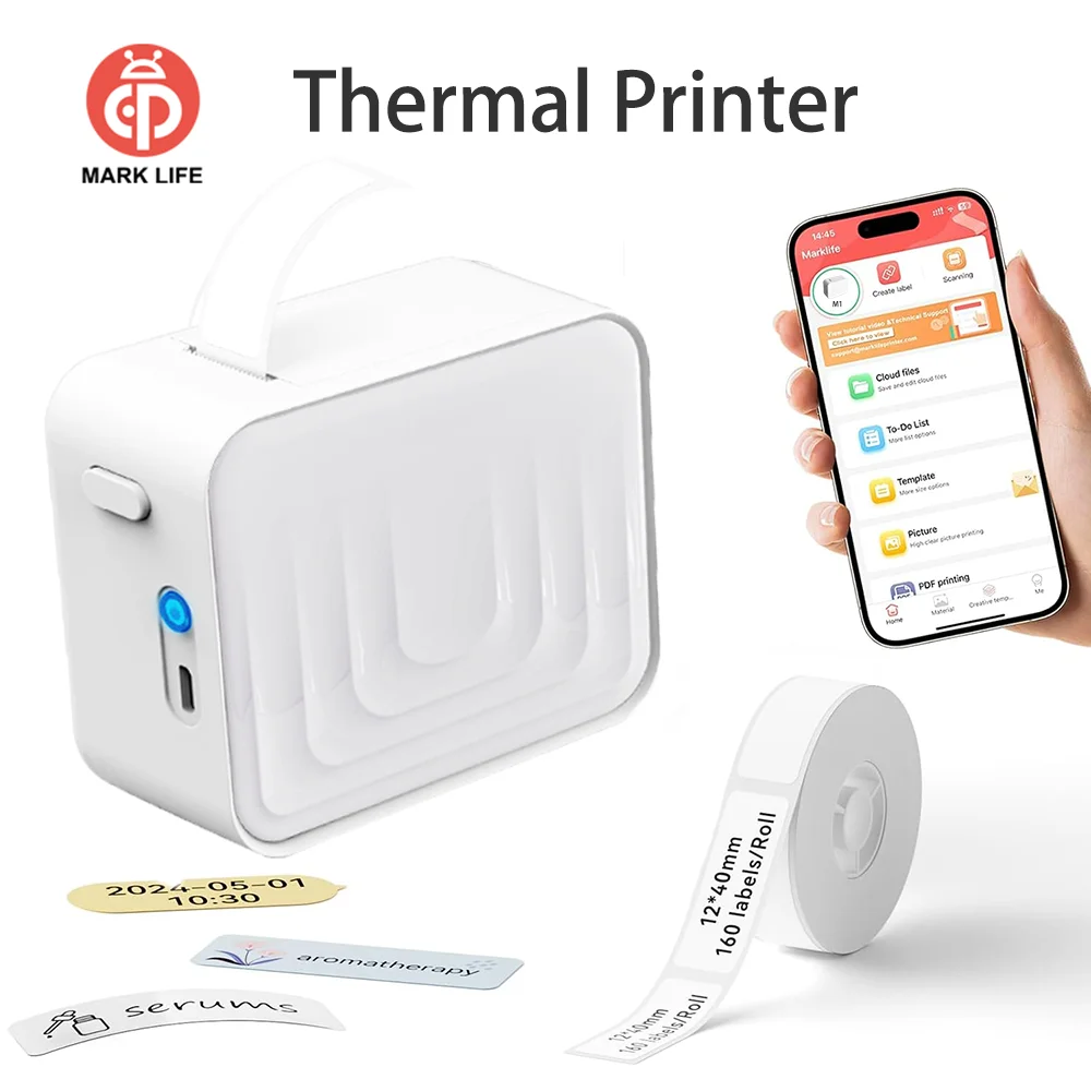 Impresora de etiquetas térmicas Marklife M1, Mini impresora portátil sin tinta con Bluetooth para oficina, cocina, supermercado, regalo/marcado/etiquetado