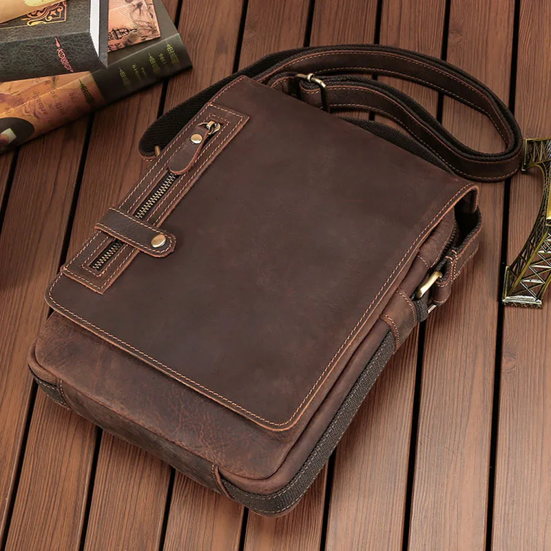 Retro Crazy Horse Leather Shoulder Bags for Men Multi‑Pocket Small Crossbody Messenger Satchel Purse Casual Genuine Sling Bag