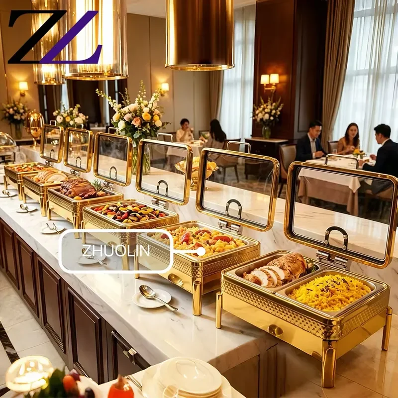9L Deluxe Hotel Food Warmer 304 Stainless Steel with Glass Lid Gold Finish Electric or Fuel Heating Soft Close Hydraulic