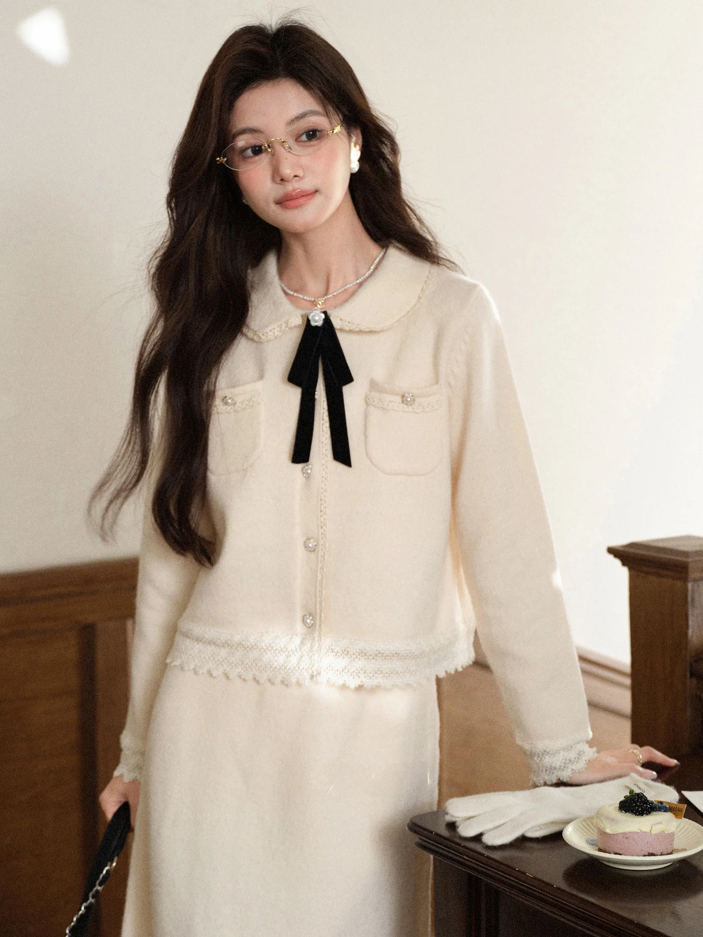 

Ele Romantic Chic Beige Sweater Coat Women's Faion Autumn Spring Winter Long Sve round Ne Button up Cardigan