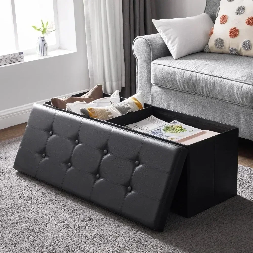 

43" Storage Ottoman Bench Leather Footstool Hold up to 660lb for Bedroom Black