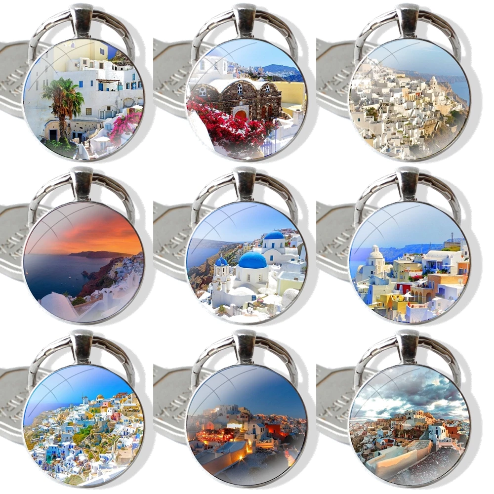 Keychain Handmade Glass Cabochon Key Ring Holder Pendant Key Chains Greece Santorini Island Scenery Picture