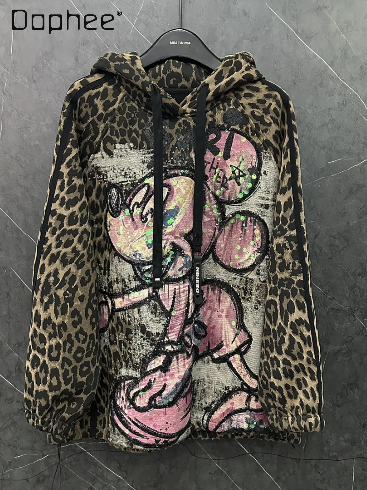 

2024 Autumn and Winter New Cartoon Leopard Print Hooded Fleece Sweatshirts Women's Loose Fashion Long Sleeve Hoodie Top