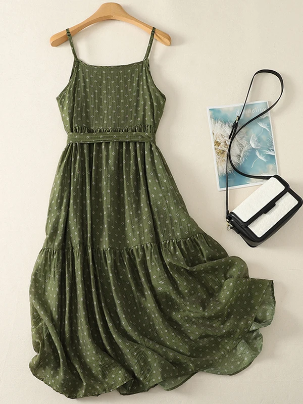 Summer Floral Patchwork Cotton Linen Women's Dress Cake Skirt Style Sleeveless Gown Artistic Holiday Vibes Design Sensation