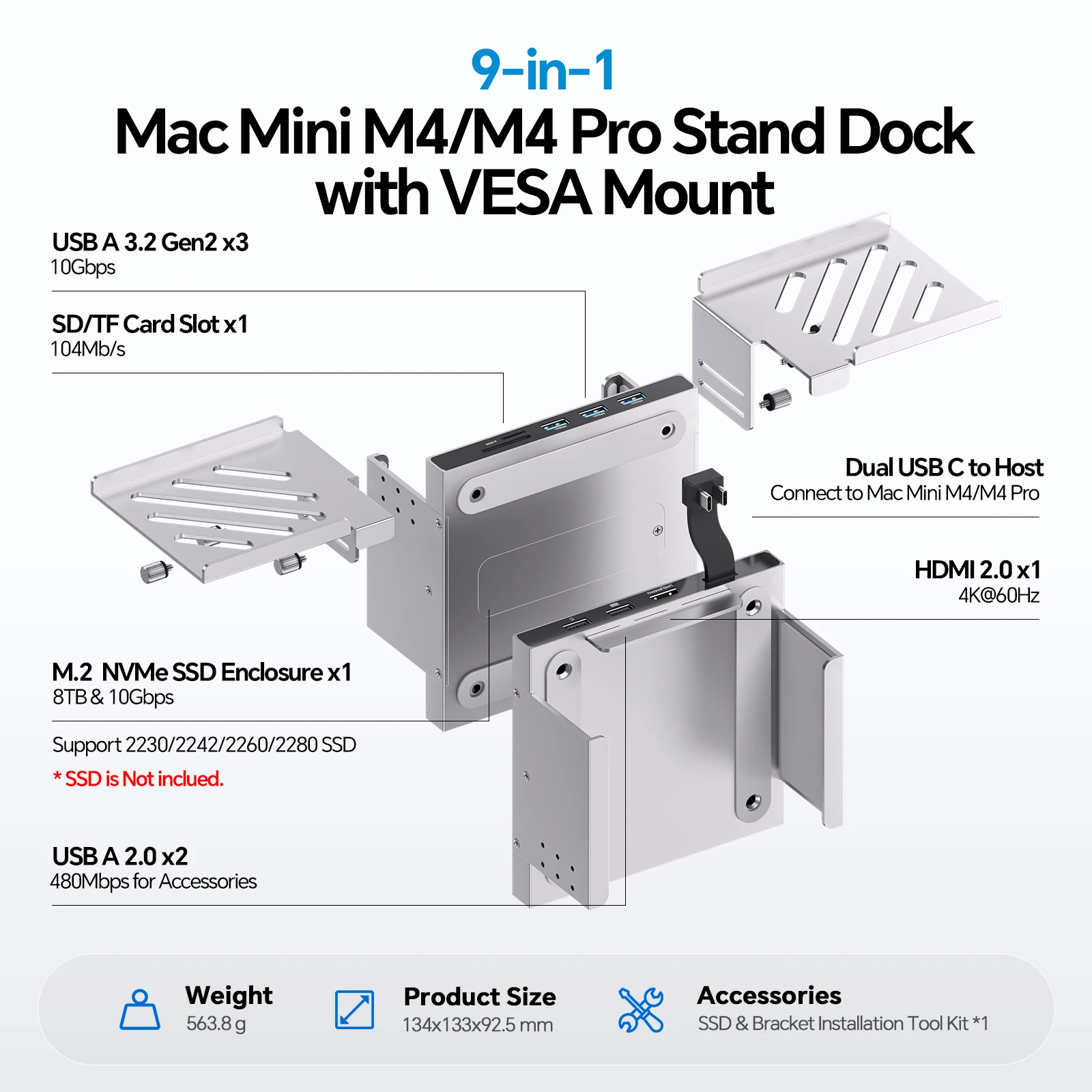 PULWTOP Mac mini M4 Dock & Stand with M.2 NVMe 8TB SSD Enclosure, with HDMI 4K 60Hz, USB-A 10Gbps for Mac mini M6, M5 Pro, M4/M4 Pro