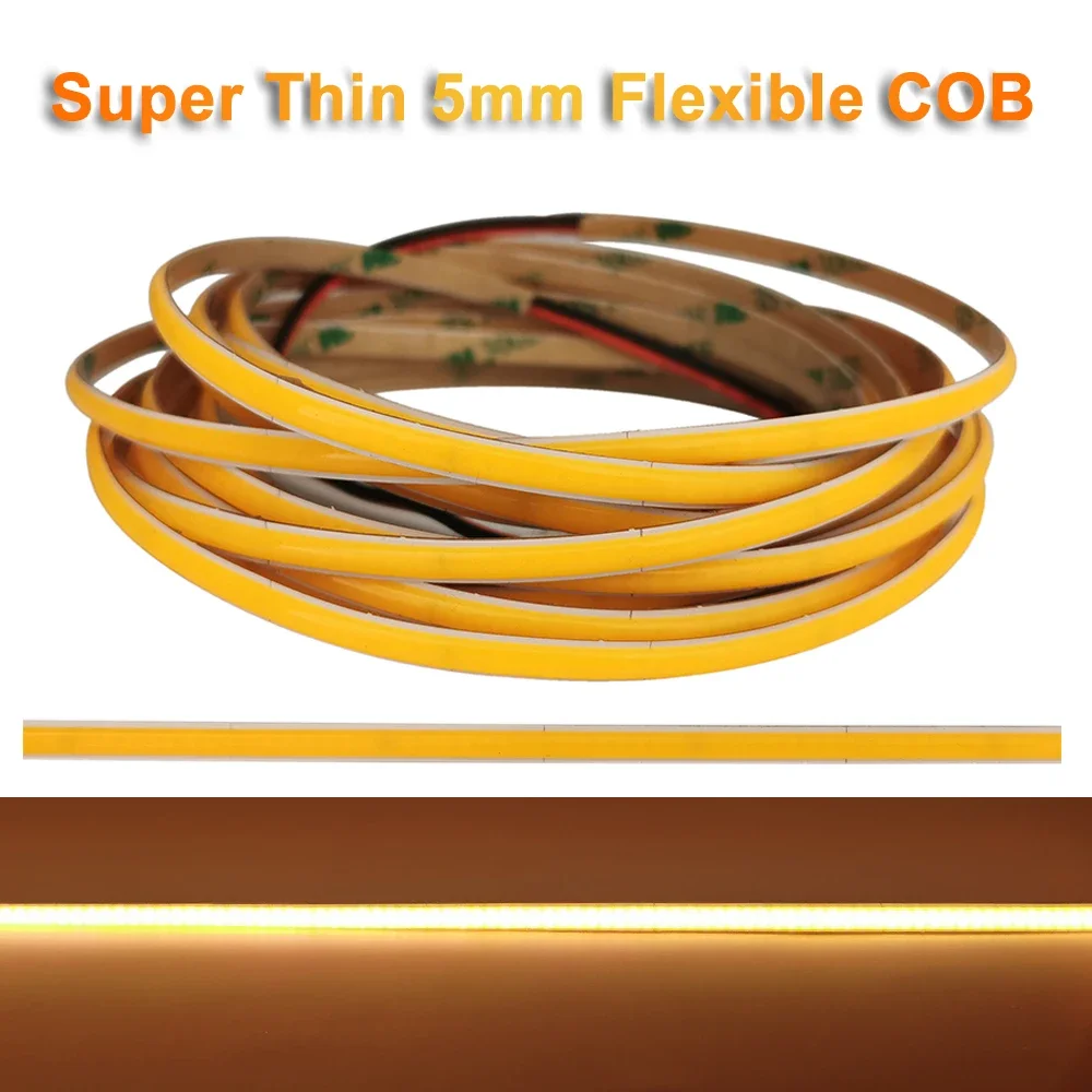 

5mm Ultra-Thin Flexible COB LED Strip 384 LEDs/m 3000K/4000K/6000K DC12V/24V Soft Linear Ribbon for Home/Decorative Lighting