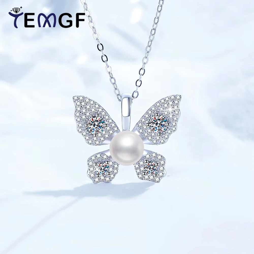

TEMGF стерлингового серебра 925 пробы, кулон-бабочка, ожерелье, муассанит, инкрустация пресноводным жемчугом, сверкающие ювелирные изделия, очаровательный модный предмет