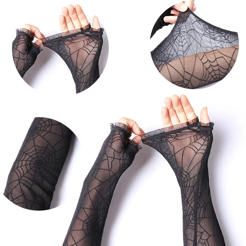 Women Sexy Elbow Tulle Length Punk Fingerless Arm Warmer Goth Black Cosplay Accessories Emo Fishnet Mesh Party LACE Long Gloves