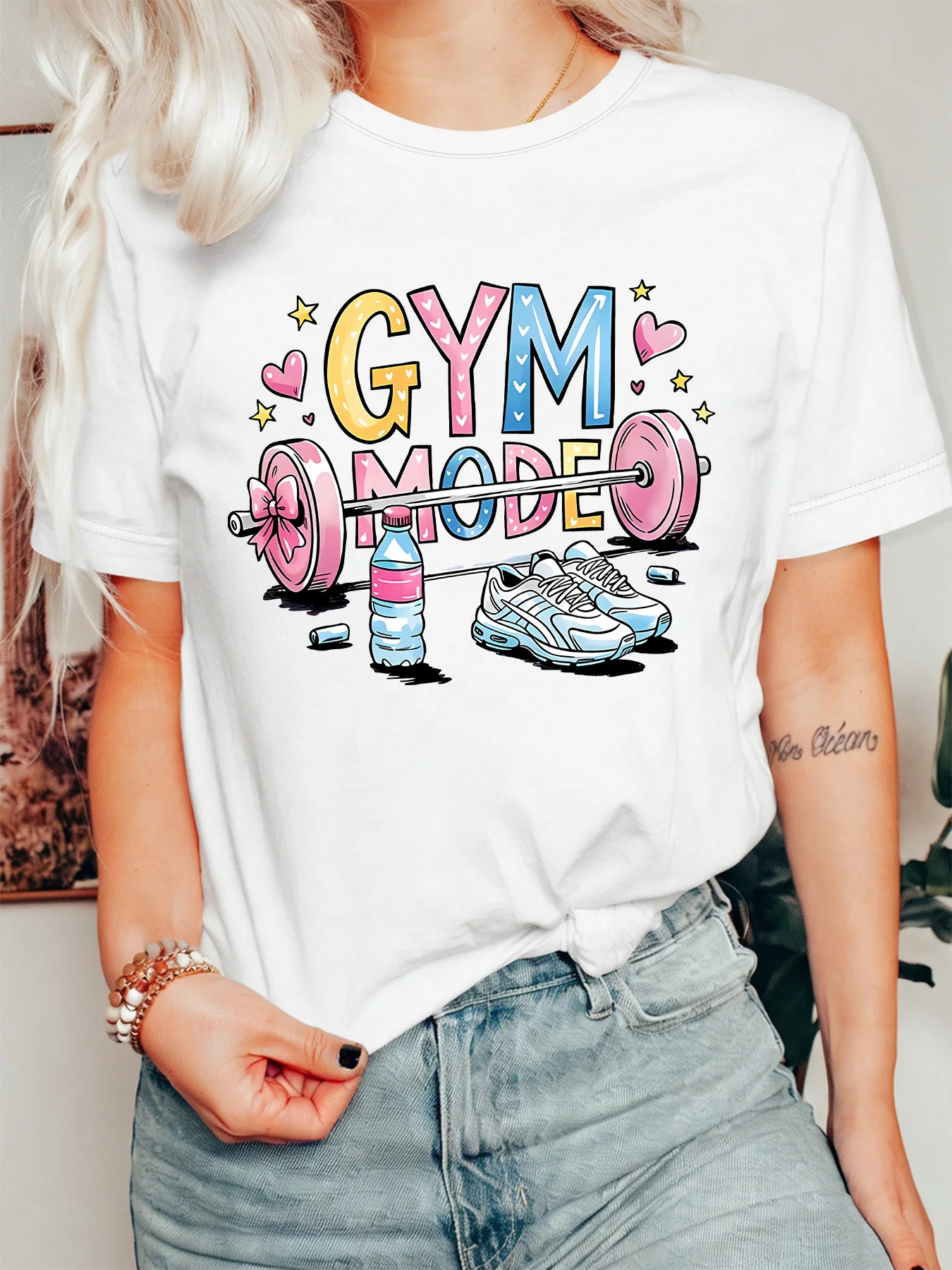 Gym Mode Barbell Sneaker Womens Crew Neck Short Sleeve T Shirt Cute Fitness Heart Star Fun Casual Graphic Tees For Ladies