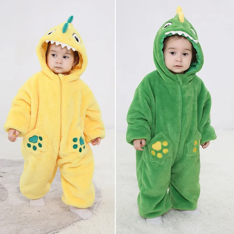 Cute Dinosaur Costume Baby Cosplay Winter Warm Outfit Funny Jumpsuit Boys Girls Kawaii Jumpsuit Homewear Animal Kigurumi Onesies