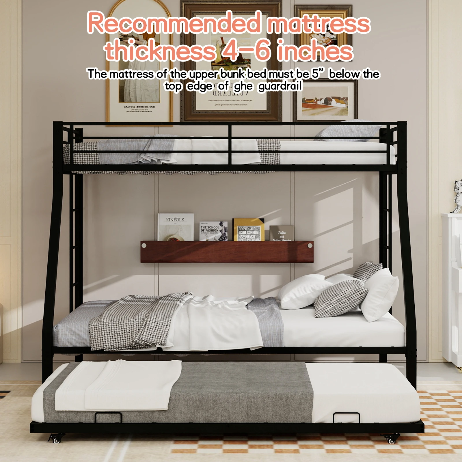 Heavy Duty Metal Twin XL Over Queen Bunk Bed with Trundle, Space Saving Triple Bunkbed Frame with Guardrails & Ladder, 400 LBS Capacity, Black view 4