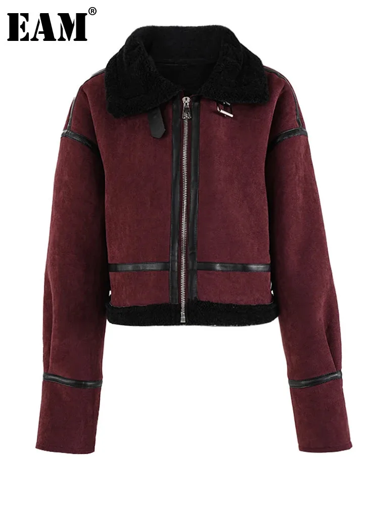 [EAM] chaqueta gruesa y cálida de lana de cordero de ante rojo, abrigo de manga larga con solapa nueva para mujer, moda Otoño Invierno 2024 CPG2386