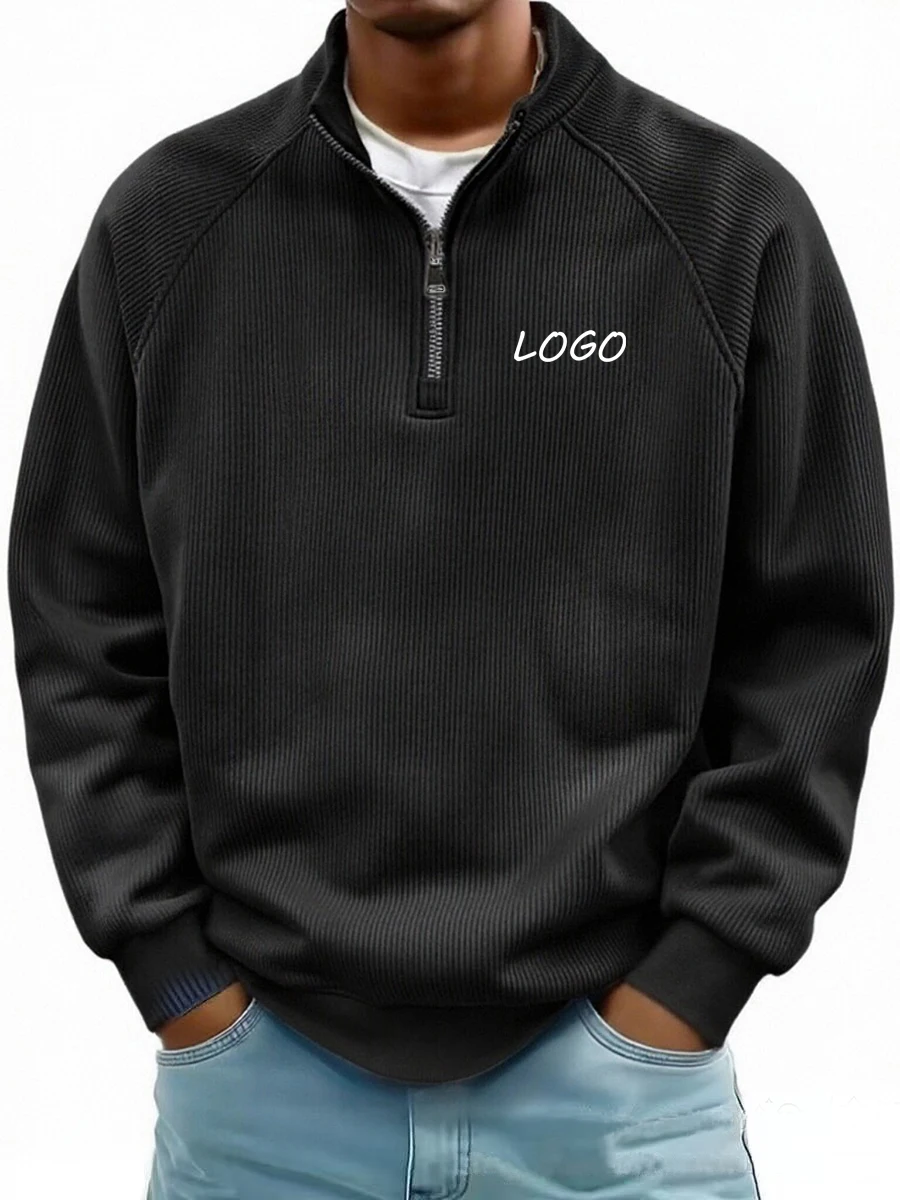 Men's Custom LOGO Printed Half-Zip Stand-Up Collar Pullover Loose Long-Sleeved Sportswear Casual Daily Top