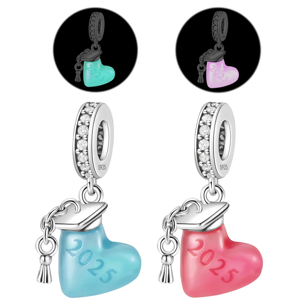 

2025 New Original Silver Plated Glow-in-the-dark Mortarboard Heart Dangle Charm fit Pan Bracelet for Women Jewelry Making