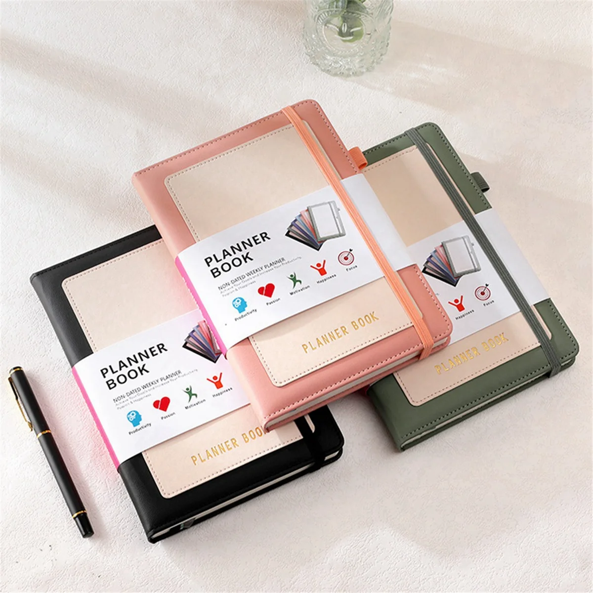 Caderno Week Planner 2024 com capa PU, capa dura média (A5), 5,9X8,4 polegadas preto