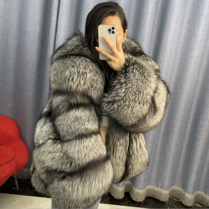 New Fashion Fox Fur Winter Women Jacket Real Natural Silver Fox Fur Coat  Whole Skin Fur Thick Soft  Warm Fox Fur Jacket