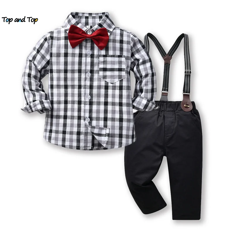 Conjunto de ropa Formal para niños, top y top de manga larga con pajarita a cuadros y pantalones de tirantes, trajes formales para Otoño e Invierno