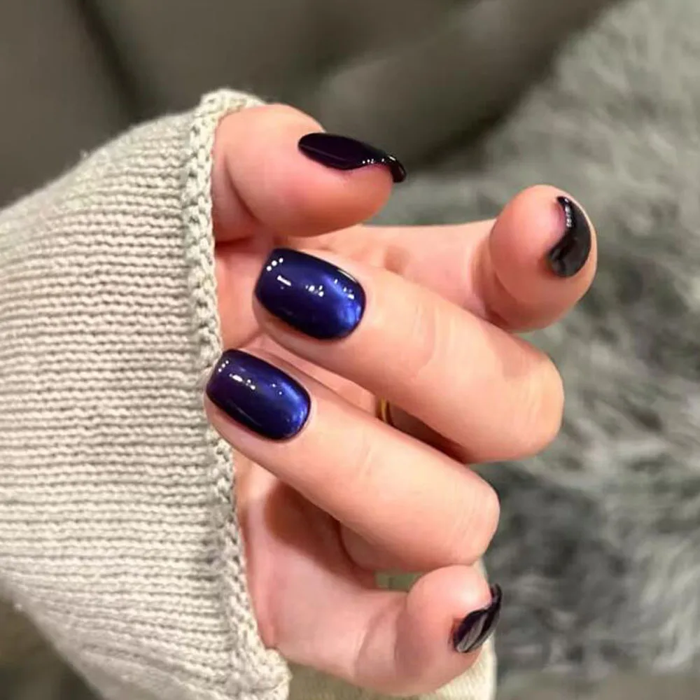 30Pcs Aurora Blue/Red Cat Eye's Short Square Fake Nails Press on Nail Halloween&Christmas Nail Tips Full Cover Acrylic Blue Tips