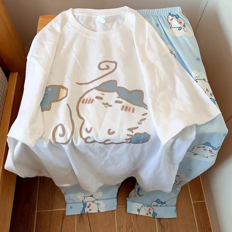 Conjunto de Pijama para Mujer Chiikawa Hachiware, Camiseta de Manga Corta con Estampado de Dibujos Animados Rosa, Pantalones Largos Suaves y Holgados, Ropa de Dormir Kawaii