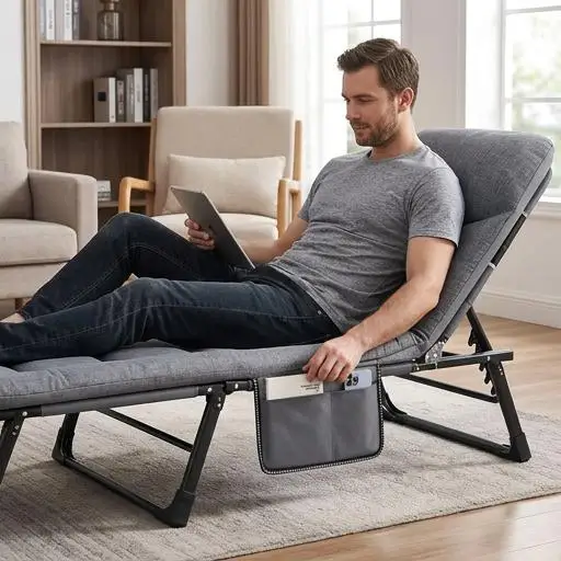 Portable Folding Bed 6-Position Adjustable Camping Cot with Soft Padded Mattress Heavy Duty Steel Frame Office Nap Sleeping Lounger Outdoor Travel Guest Bed