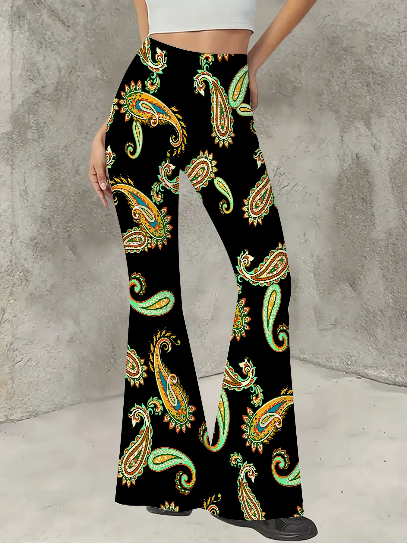 Women's Floral Print Flare Pants Elegant Stretchy Bell Bottom Trousers Summer