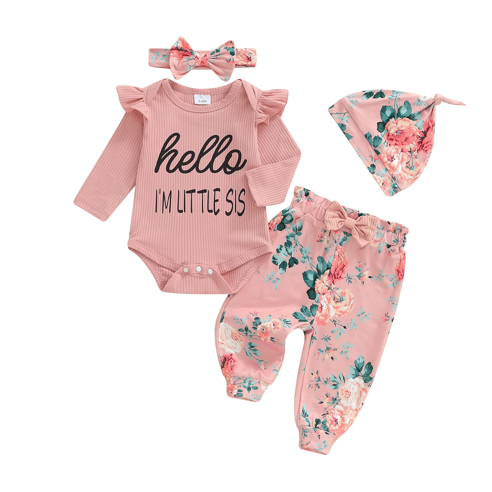 

Очаровательный комплект одежды для маленьких девочек с милым комбинезоном с рюшами, штанами с эластичной резинкой на талии, шапкой и повязкой на голову с буквенным принтом